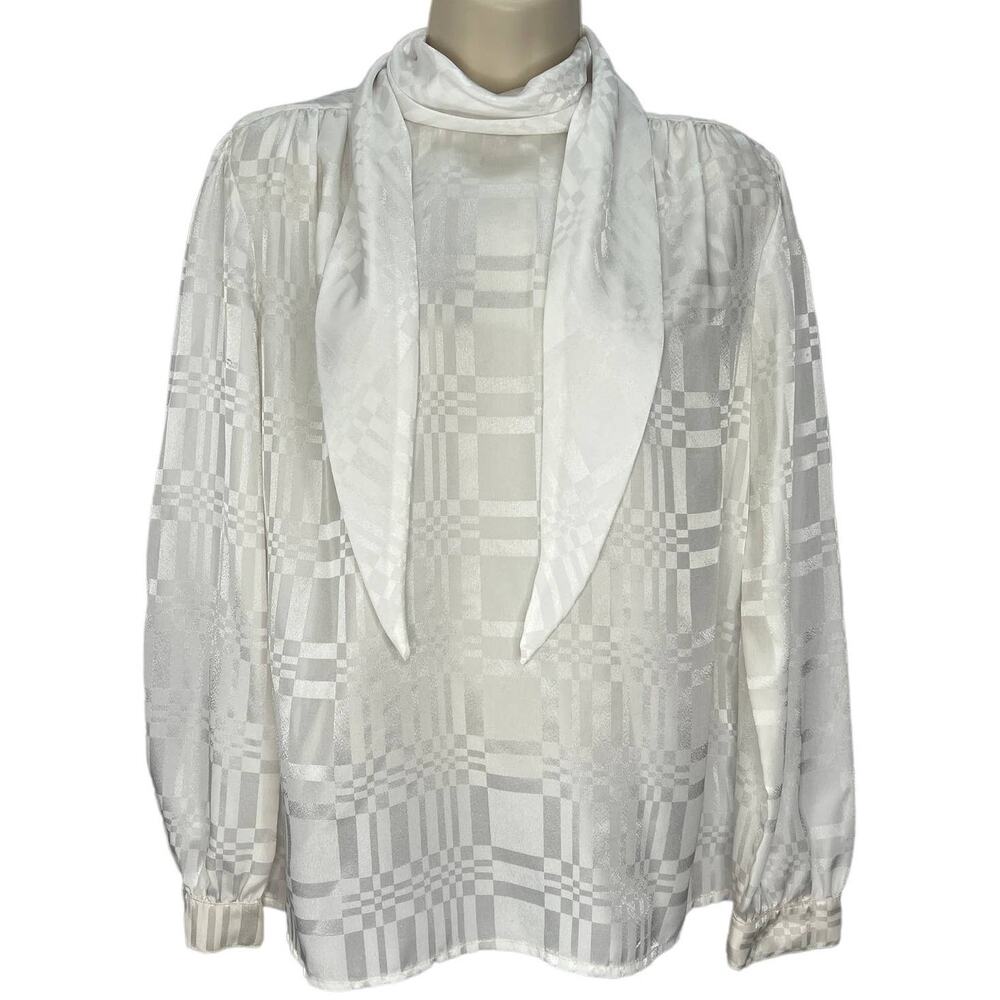 Vintage Joanna White Shiny Secretary Blouse Scarf Long Sleeve Size M Checkered